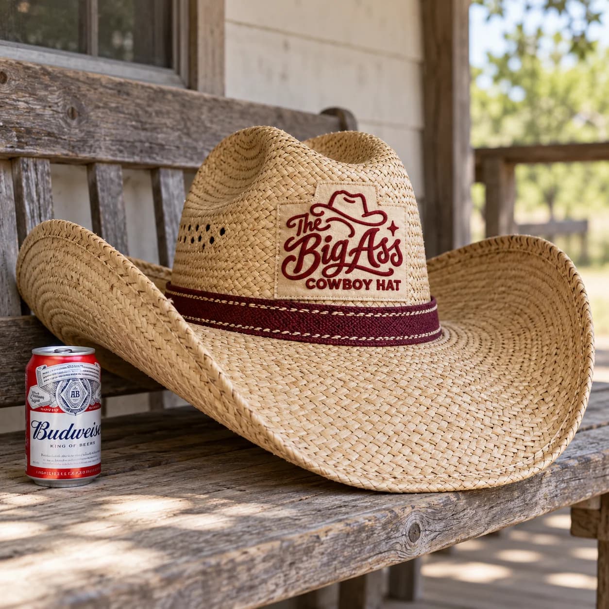 Oversized straw cowboy hat with a broad brim and Big Ass product branding.